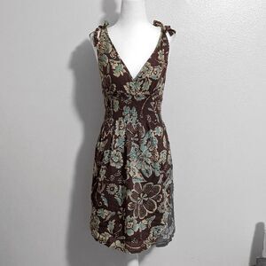 2000s Angie's Brown & Blue Y2K Summer Floral V-Neck Smocked Mini Dress | Size S